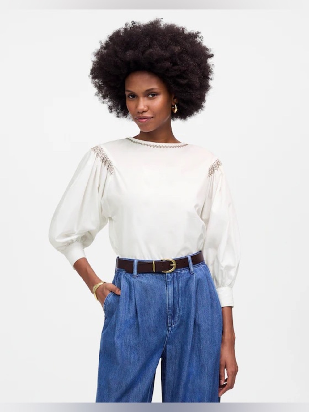 Madewell Embroidered Poplin Balloon-Sleeve Top in White size Large. NWOT